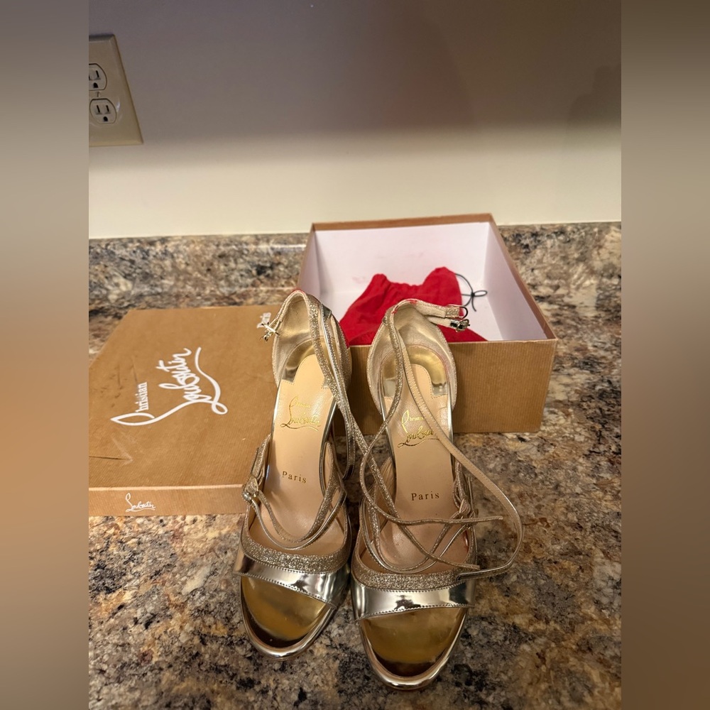 Christian Louboutin Gold and Silver Metallic Strappy High Heels - Picture 3 of 12